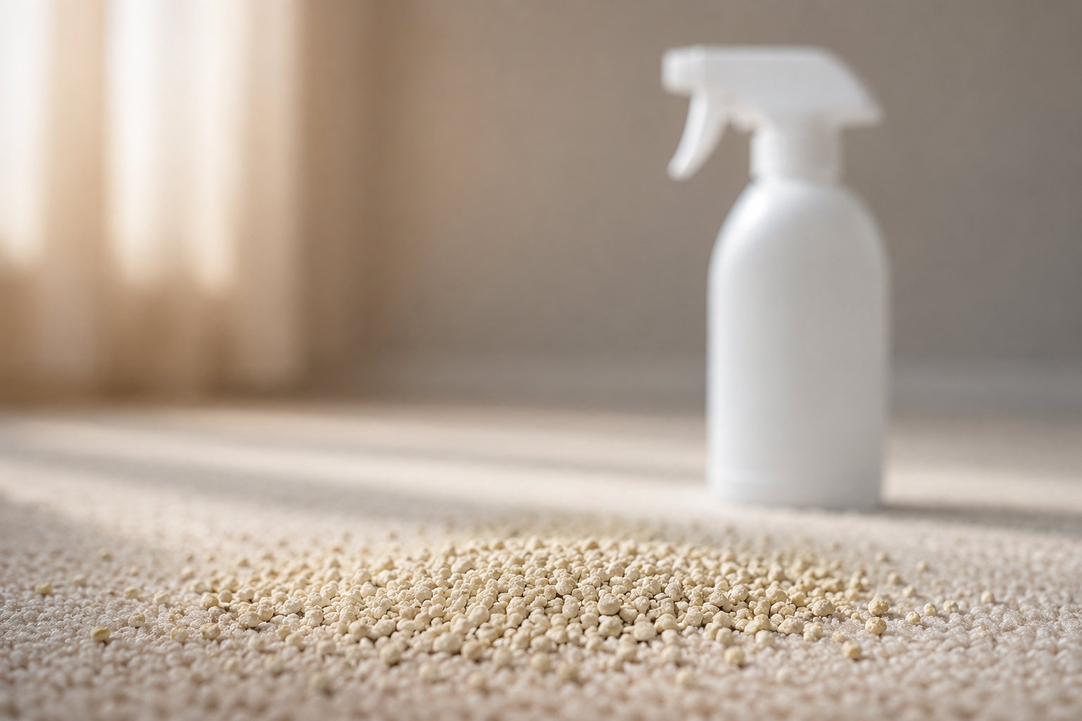 Ökologisches Granulat auf Teppich mit Sprayflasche