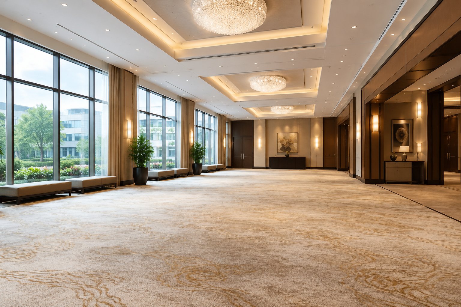Eleganter Hotelkorridor mit großflächigem Teppich